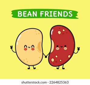Cute, funny happy red bean and soy character. Vector hand drawn cartoon kawaii characters, illustration icon. Funny cartoon happy bean and soy friends concept