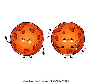 Cute funny happy and sad Mars planet. Vector hand drawn cartoon kawaii character illustration icon. Isolated on white background. Space exploration, Mars planet cosmos character concept