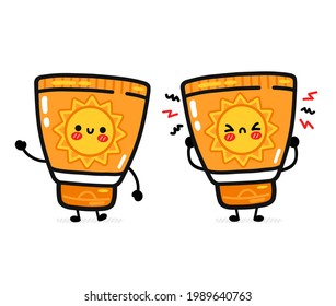 Cute funny happy and sad suncreen tube. Vector flat line cartoon kawaii character illustration icon. Isolated on white background.Sunscreen, sun protection cream care,sunblock screen character concept