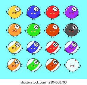 Cute, funny, happy set of billiard balls. Vector hand drawn cartoon kawaii characters, illustration icon. collection of all the pool or snooker balls with numbers isolated blue background