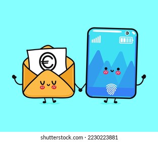 Cute, funny happy smartphone and letter with euro sign. Vector hand drawn cartoon kawaii characters, illustration icon. Funny cartoon smartphone and message mascot character concept