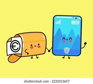 Cute, funny happy smartphone and mailbox with euro sign. Vector hand drawn cartoon kawaii characters, illustration icon. Funny cartoon smartphone and message mascot character concept