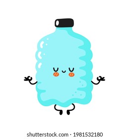 Cute funny happy smile plastic bottle character meditate in yoga pose. Vector cartoon character sticker illustration. Funny happy plastic bottle cartoon character concept. Isolated on white background
