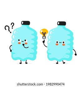 Cute funny happy smile plastic bottle character with question mark and idea lightbulb. Vector cartoon character sticker illustration. Funny happy plastic bottle cartoon character concept