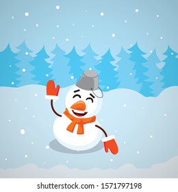 Cute funny happy snowman. Snowy forest background.