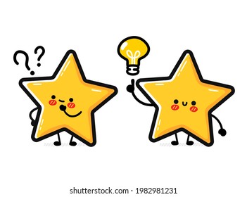 Cute funny happy star sign character with question and idea light bulb. Vector hand drawn cartoon kawaii character illustration icon. Star rating symbol, review, support doodle character concept