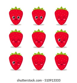 Cute, funny and happy strawberry set character. Fruits vector illustration