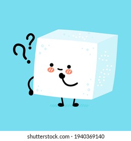 Cute Funny Happy Sugar Piece Cube Character With Question Marks. Vector Flat Line Cartoon Kawaii Character Illustration Icon. Sugar Cube Character  Concept