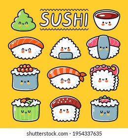 Cute funny happy sushi, maki, rolls cartoon character set collection. Vector hand drawn line kawaii character illustration icon. Cartoon kawaii cute sushi, asian food restaurant menu concept