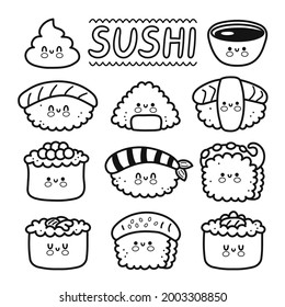 Cute Funny Happy Sushi, Maki, Rolls Cartoon Character Set Collection. Vector Hand Drawn Line Kawaii Character Illustration Icon. Cartoon Kawaii Cute Sushi, Asian Food Restaurant Menu Concept
