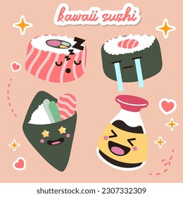 Cute divertido y feliz sushi, maki, colección de juegos de personajes de dibujos animados. Icono de ilustración de caracteres kawaii de línea dibujada a mano del vector. Cartoon kawaii lindo sushi, concepto de menú de restaurante de comida asiática
