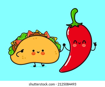 Cute, funny happy taco and chili pepper. Vector hand drawn cartoon kawaii characters, illustration icon. Funny happy cartoon taco and chili pepper mascot character concept