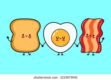 Cute, funny happy toast bacon and fried eggs. Vector hand drawn cartoon kawaii characters, illustration icon. Funny cartoon toast bacon and fried eggs mascot friends concept