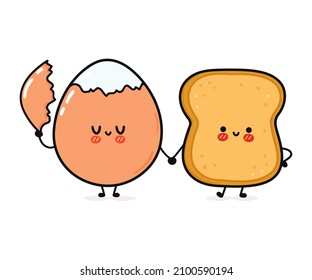 Cute, funny happy toast and eggs. Vector hand drawn cartoon kawaii characters, illustration icon. Funny cartoon toast and eggs mascot character concept