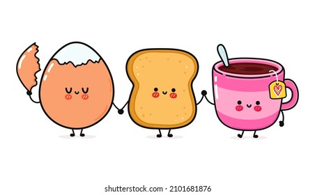 Cute, funny happy toast, eggs and cup of tea. Vector hand drawn cartoon kawaii illustration icon. Funny cartoon toast, eggs and cup of tea mascot character concept