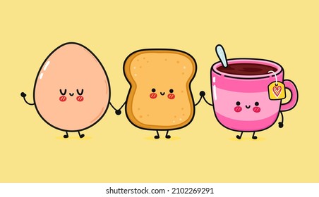 Cute, funny happy toast, eggs and cup of tea. Vector hand drawn cartoon kawaii illustration icon. Funny cartoon toast, eggs and cup of tea mascot character concept