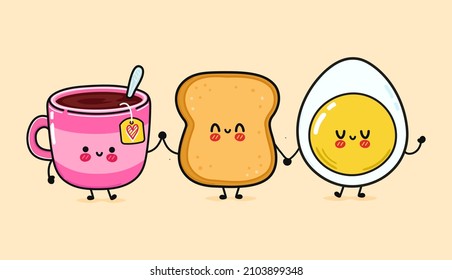 Cute, funny happy toast, eggs and cup of tea. Vector hand drawn cartoon kawaii illustration icon. Funny cartoon toast, eggs and cup of tea mascot character concept