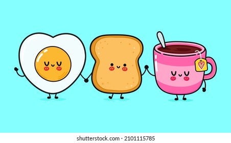 Cute, funny happy toast, fried eggs and cup of tea. Vector hand drawn cartoon kawaii characters, illustration icon. Funny cartoon toast, fried eggs and cup of tea mascot character concept