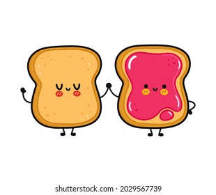 Cute, funny happy toast and toast with jam character. Vector hand drawn cartoon kawaii characters, illustration icon. Funny cartoon toast and toast with jam friends concept