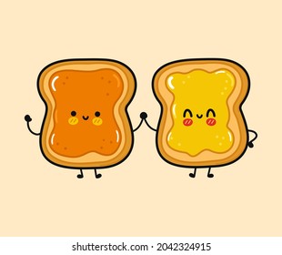 Cute, funny happy toast with peanut and toast with honey character. Vector hand drawn cartoon kawaii characters, illustration icon. Funny cartoon toast with peanut and toast with honey friends concept