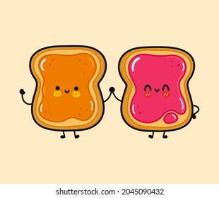 Cute, funny happy toast with peanut and toast with jam character. Vector hand drawn cartoon kawaii characters, illustration icon. Funny cartoon toast with peanut and toast with jam friends concept