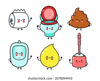 Cute, funny happy toilet paper, toilet, turd, urinal, drop of urine, and toilet brush (set). Vector hand drawn cartoon kawaii characters, illustration icon. Funny cartoon toilet set