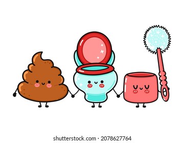 Cute, funny happy turd, toilet and  toilet brush character. Vector hand drawn cartoon kawaii characters, illustration icon. Funny cartoon turd, toilet and  toilet brush friends concept