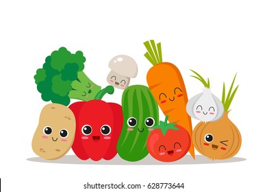 Cute, funny and happy vegetables. Character set. Vector illustration