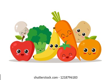 Hortalizas y frutas dulces, divertidas y felices. Conjunto de caracteres. Ilustración del vector