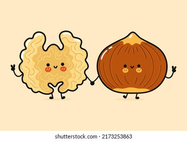 Carácter lindo, divertido y feliz de nogal y avellana. Caricatura de kawaii dibujada a mano vectora, icono de ilustración. Concepto divertido de nogal de dibujos animados y amigos de avellanas