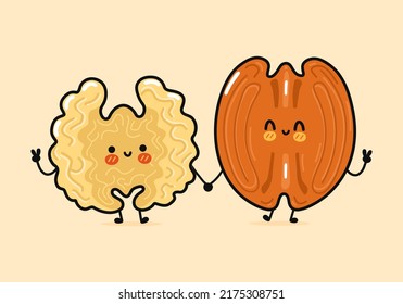 Cute, funny happy walnut and pecan character. Vector hand drawn cartoon kawaii characters, illustration icon. Funny cartoon walnut and pecan friends concept