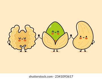 Cute, funny happy Walnut, pistachio and cashews. Vector hand drawn cartoon kawaii characters, illustration icon. Funny cartoon Walnut, pistachio and cashew nut mascot friends concept