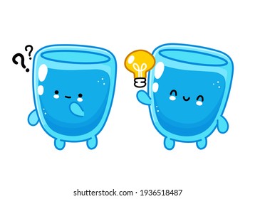 Cute funny happy water glass character with question mark and idea lightbulb. Vector flat line cartoon kawaii character illustration icon. Isolated on white background. Water glass character concept