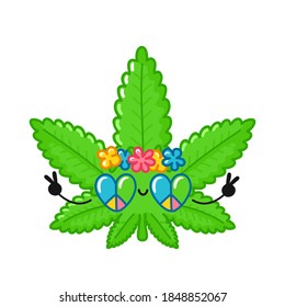 Cute funny happy weed marijuana leaf hippie character. Vector flat line cartoon kawaii character illustration icon. Isolated on white background. Medical cannabis, weed, marijuana character concept