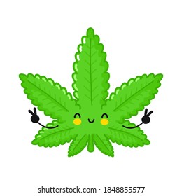 Cute funny happy weed marijuana leaf character. Vector flat line cartoon kawaii character illustration icon. Isolated on white background. Medical cannabis, weed, marijuana character concept