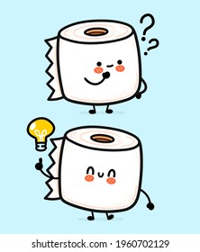 Cute funny happy white toilet paper roll with question mark and idea lightbulb. Vector hand drawn cartoon kawaii character illustration icon. Funny cartoon toilet paper mascot character concept