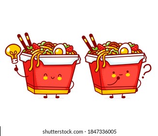 Cute funny happy wok noodle box character with question mark and idea lightbulb. Vector cartoon kawaii character illustration icon. Isolated on white background. Asian food, noodle, wok box concept