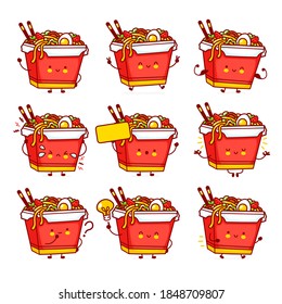 Cute funny happy wok noodle box character set collection. Vector flat line cartoon kawaii character illustration icon. Isolated on white background.Asian food, noodle, wok box character bundle concept