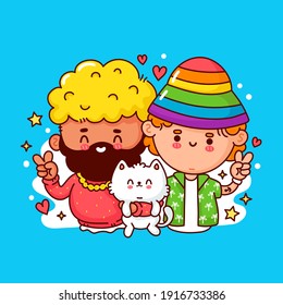 Cute funny happy young gay couple. Vector flat line cartoon kawaii character illustration icon. Isolated on white background. Lgbt, gay family concept