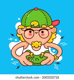 Cute funny happy young nerd guy play in video game with joystick. Vector flat line cartoon kawaii character illustration logo icon. Man,geek guy play video game console, joystick cartoon logo concept