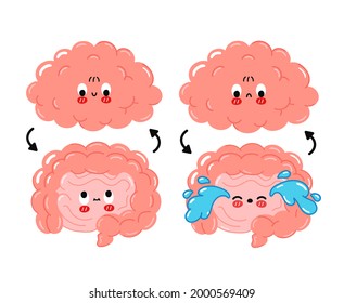 Cute funny happy,sad human intestine, brain connection.Vector cartoon kawaii character illustration icon.Isolated on white background.Brain,intestine partners,nerve cartoon doodle character concept