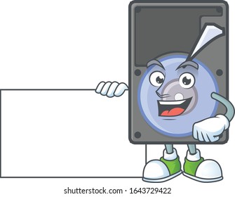 Cute funny hard disk cartoon character having a board
