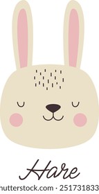 Cute and funny hare drawn in cartoon style. Creative children's print with forest animal.