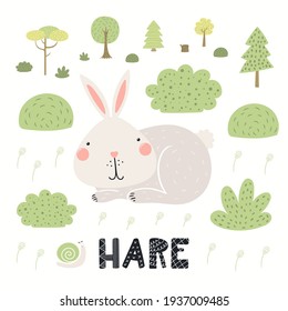 Cute funny hare in forest, woodland landscape, isolated on white. Hand drawn wild animal vector illustration. Scandinavian style flat design. Concept for kids fashion, textile print, poster, card