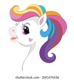 Cute funny head of white unicorn with rainbow curly mane in cartoon style. Vector isolated illustration. For sticker, design, decoration, print, baby shower, t-shirt, dishes, cards,  and kids apparel