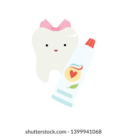 Cute Funny Healthy Tooth Cartoon Character with Tube of Toothpaste, Children Teeth Care Vector Illustration