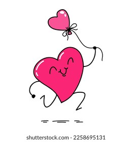 Cute funny heart character.  Romantic cartoon flat style. Vector illustration.