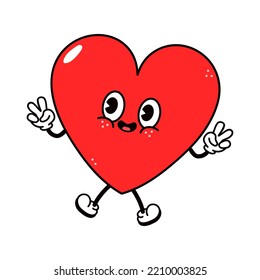 Carácter gracioso y gracioso. Dibujo a mano del vector tradicional de caricatura vintage, retro, kawaii icono de ilustración del personaje. Fondo blanco aislado. Concepto de personaje de corazón feliz
