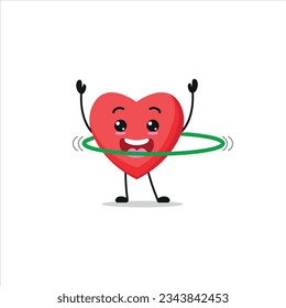 Cute and funny heart doing hula hoop. food doing fitness or sports exercises. Happy character working out vector illustration.