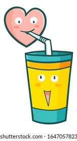 Cute and funny heart drinking with a straw from plastic glass character